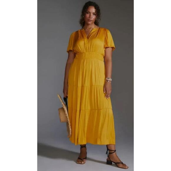 Anthropologie Dress Women 1X Somerset Satin Maxi Mango Flowy Boho Romantic Chic - Picture 1 of 15